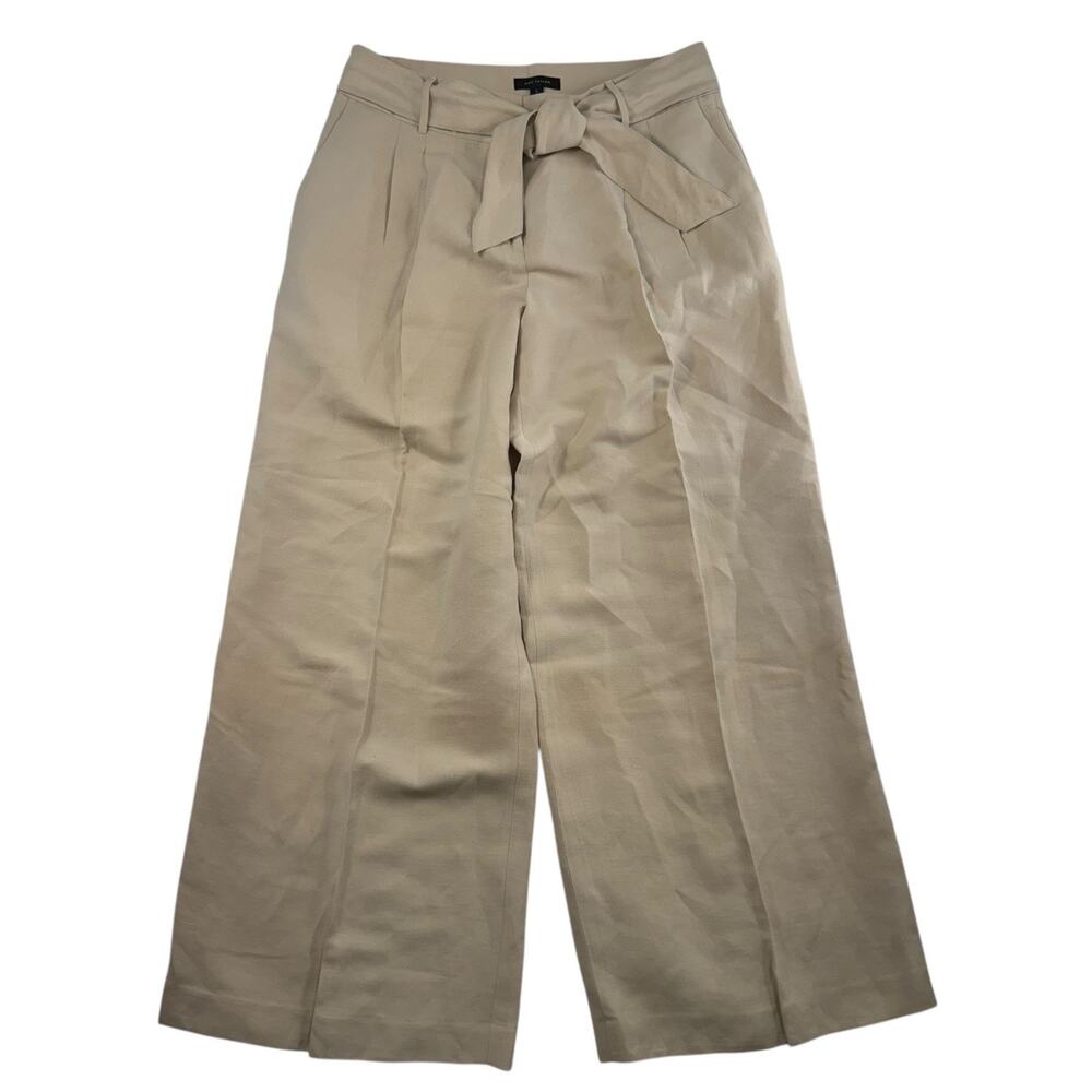 Ann Taylor Sz 12 Trouser Pants Wide Leg Pleated Linen Blend‎ Waist Tie Beige Tan